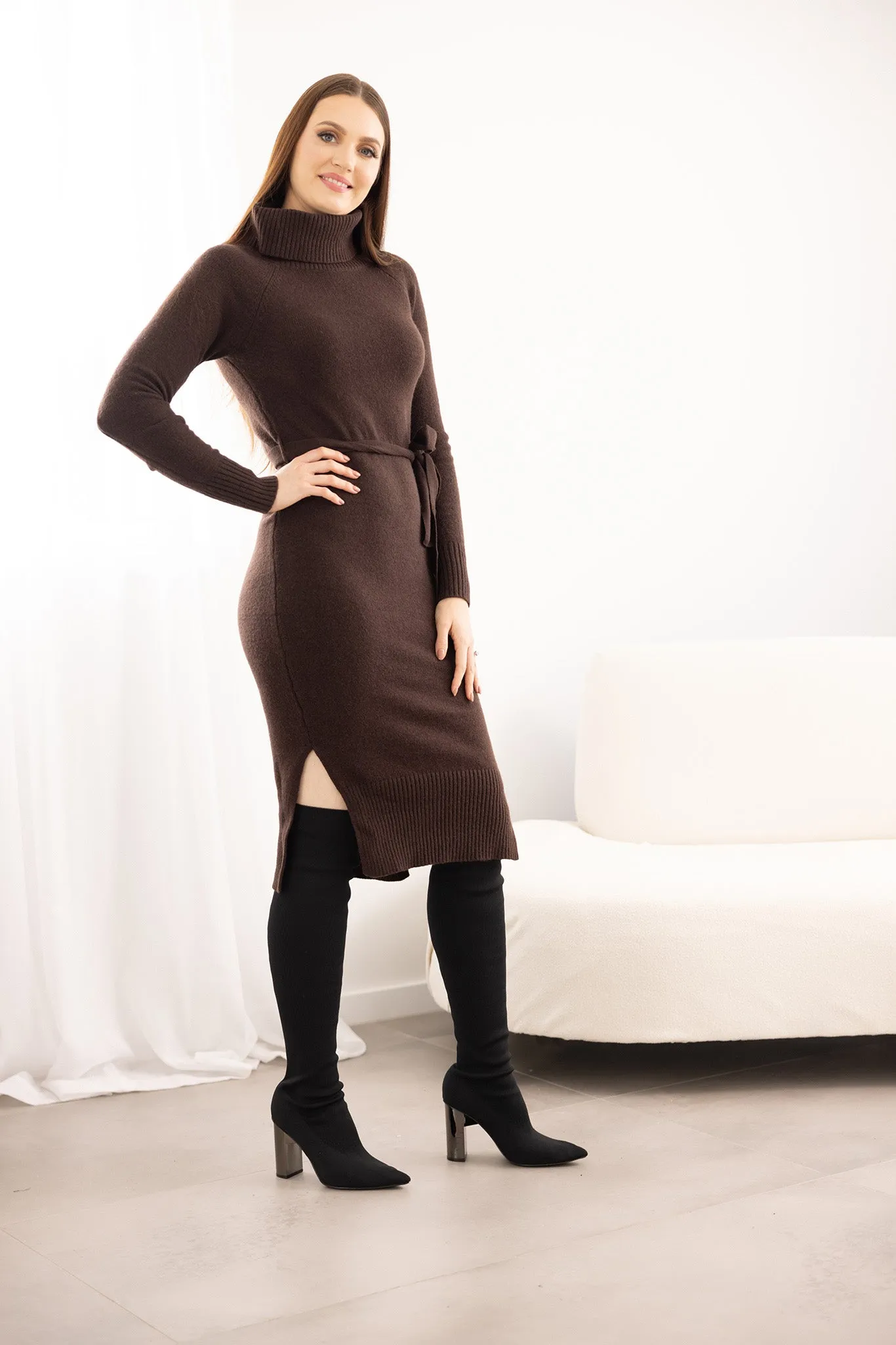 Turtle Neck Tie Knit Dress