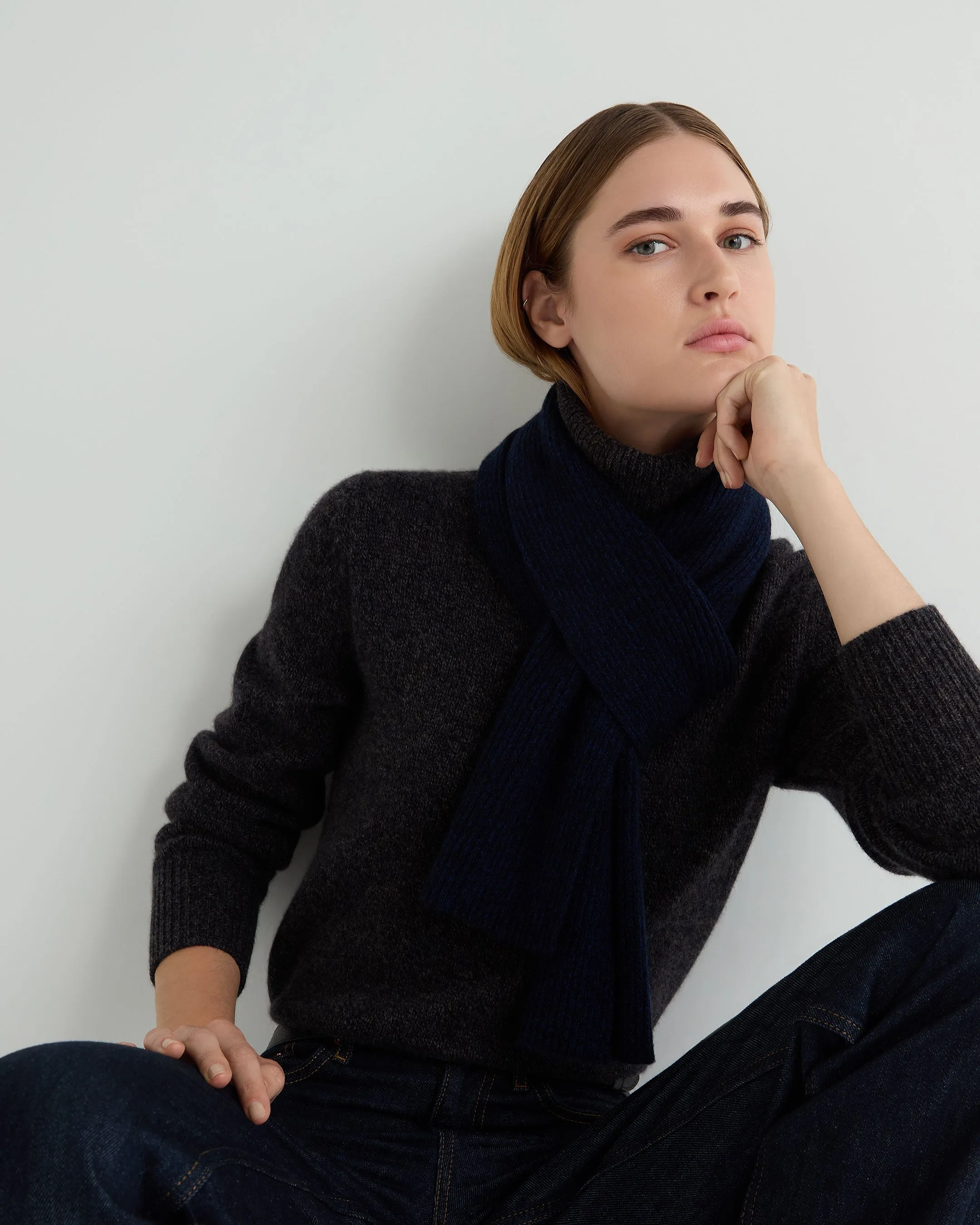 Unisex Short Ribbed Cashmere Scarf Navy Blue Melange