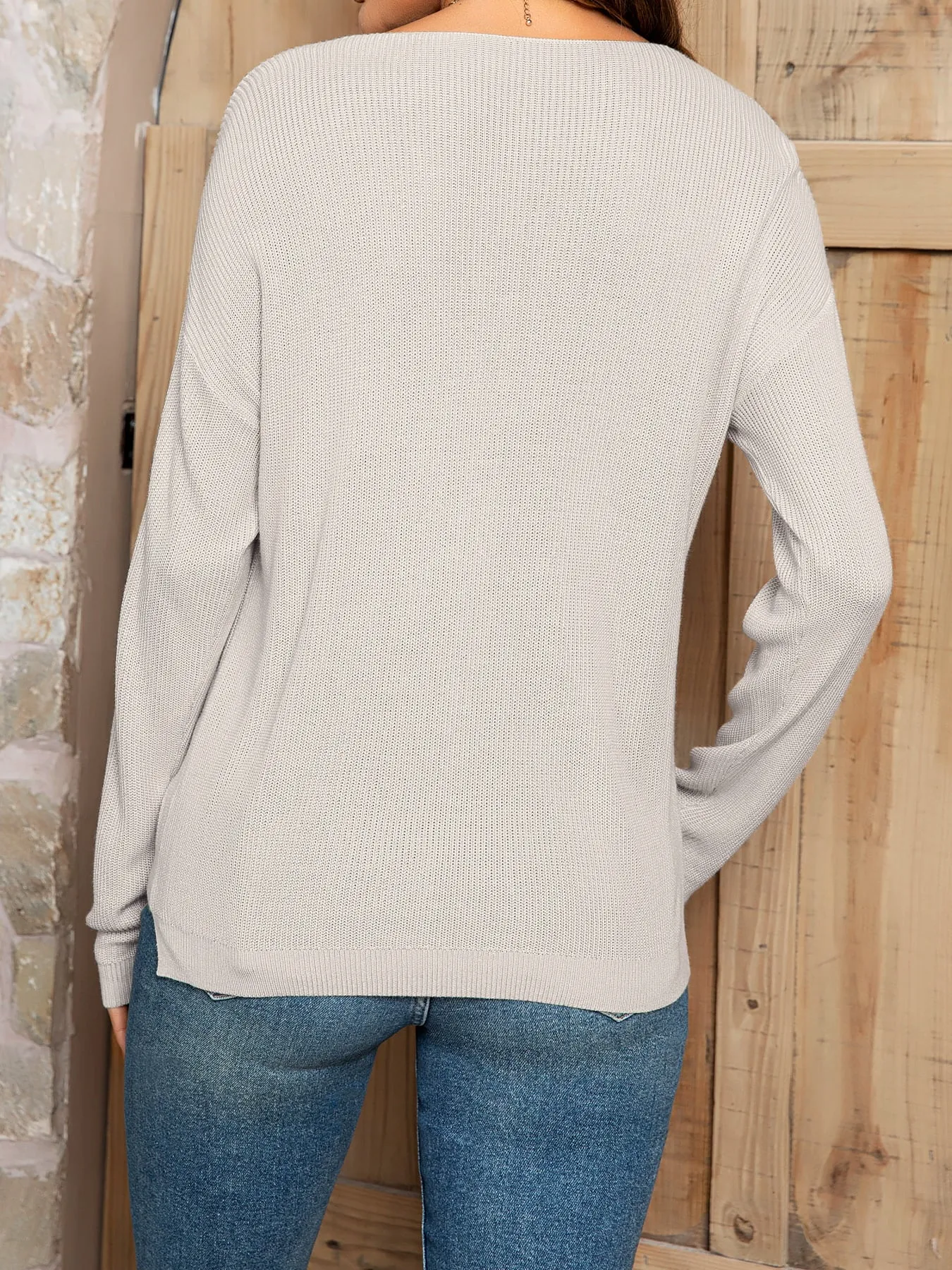 V-Neck Long Sleeve Knit Top with Pocket