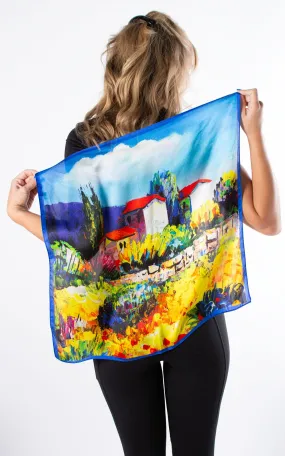 Village in the Meadows Square Silk Scarf