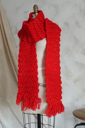 Vintage Handknit  Red Fringe Scarf