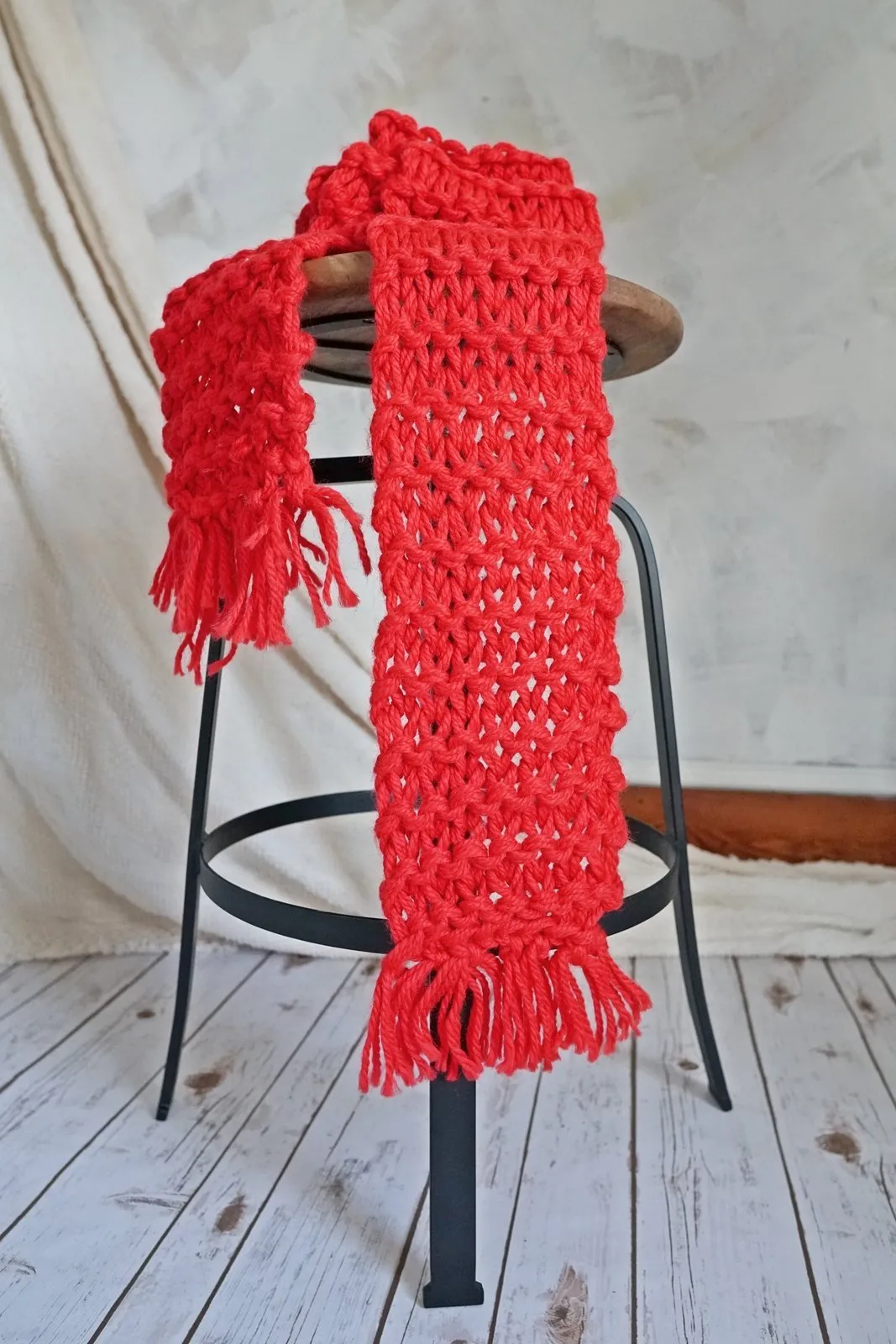 Vintage Handknit  Red Fringe Scarf