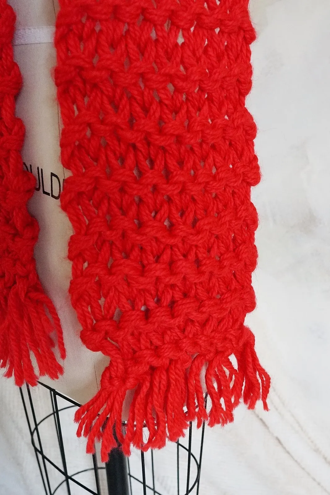 Vintage Handknit  Red Fringe Scarf