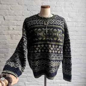 Vintage Knit Wool Green Grandpa Sweater Minimalist Fairisle Grunge Earthtone Top