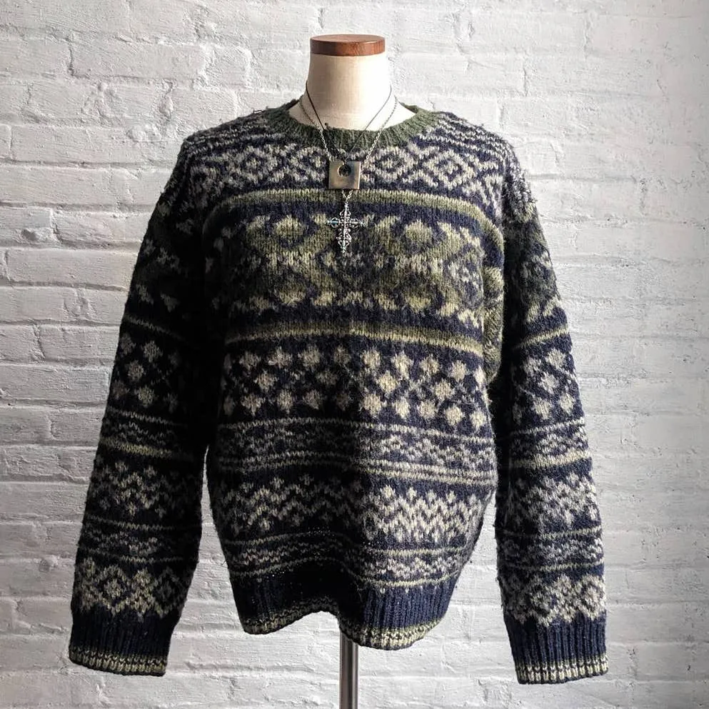 Vintage Knit Wool Green Grandpa Sweater Minimalist Fairisle Grunge Earthtone Top