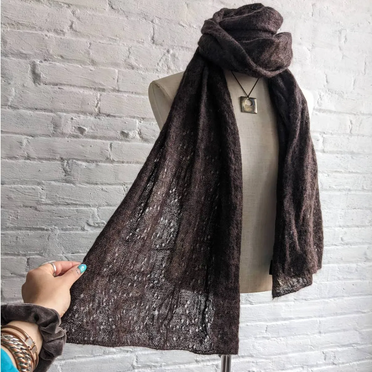 Vintage Mohair Fuzzy Witchy Earthy Grunge Brown Scarf Spiderweb Lace Shawl Wrap