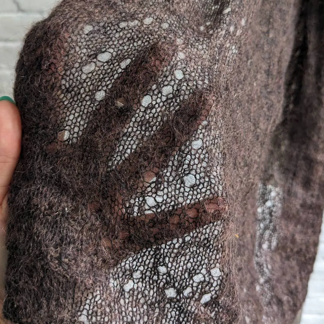 Vintage Mohair Fuzzy Witchy Earthy Grunge Brown Scarf Spiderweb Lace Shawl Wrap