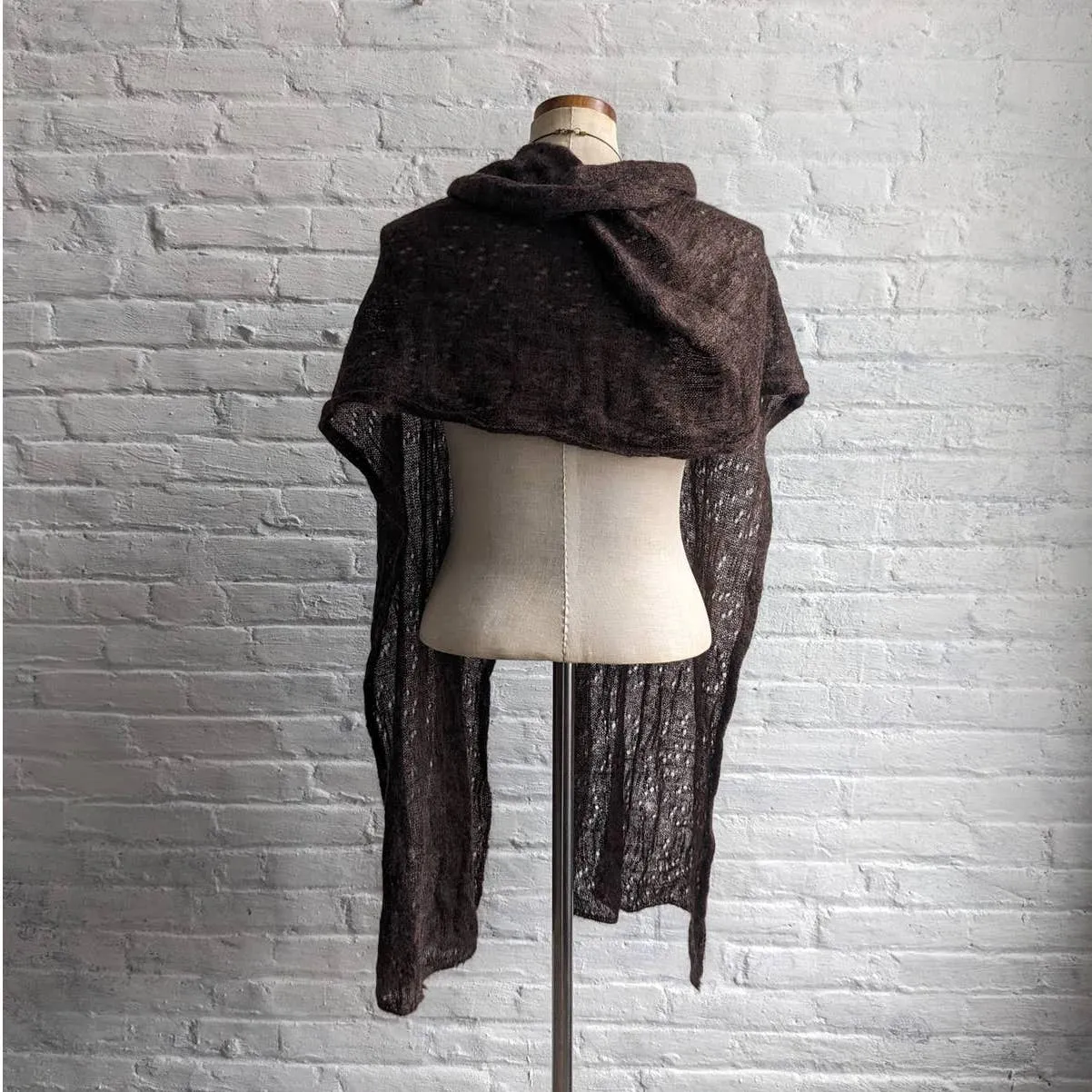 Vintage Mohair Fuzzy Witchy Earthy Grunge Brown Scarf Spiderweb Lace Shawl Wrap