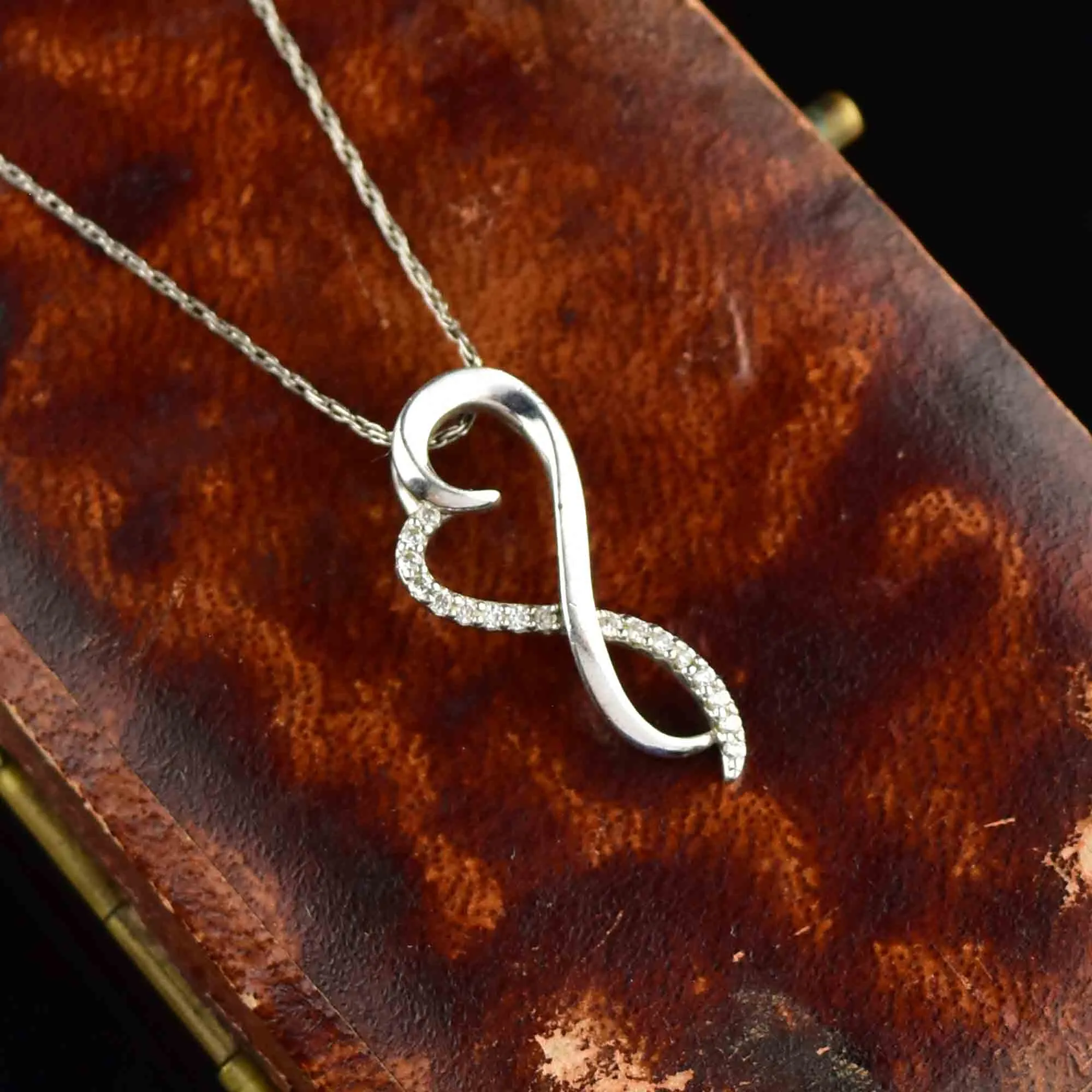 Vintage Sterling Silver Diamond Infinity Open Heart Necklace