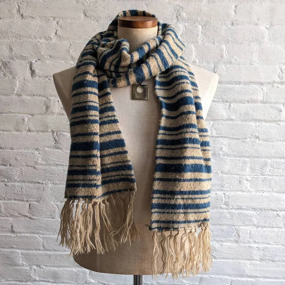 Vintage Wool Knit Striped Scarf Earthy Boho Oatmeal Blue Stripes Fringe Wrap