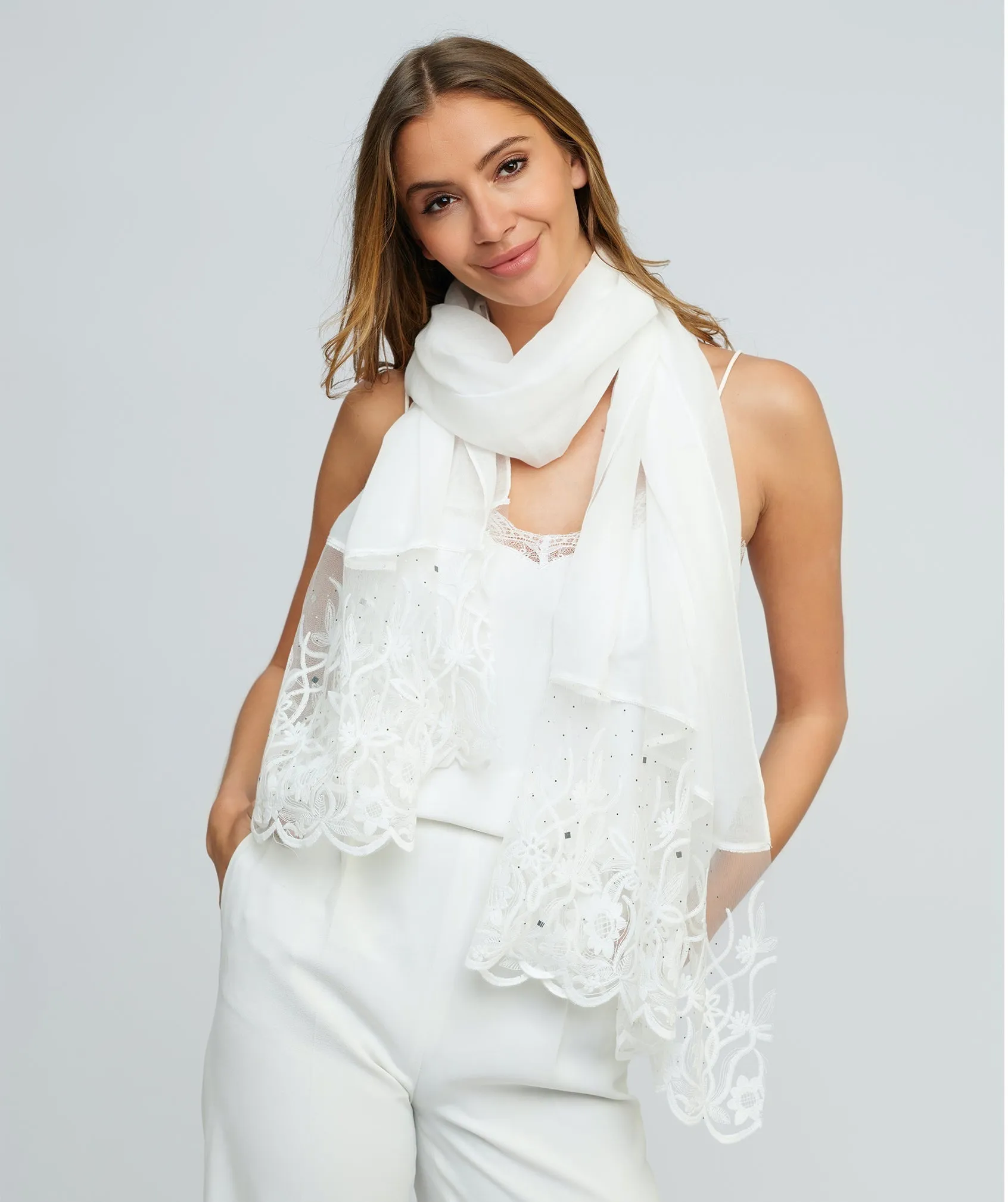 White Lace Wedding Scarf with Scalloped Hems