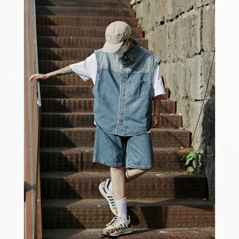 Wiaofellas  -  Fashion Summer Cotton Sleeveless Denim Vest And Shorts Men's Sets Cowboy HipHop Streetwear Jeans Casual Loose Top Coat Suit