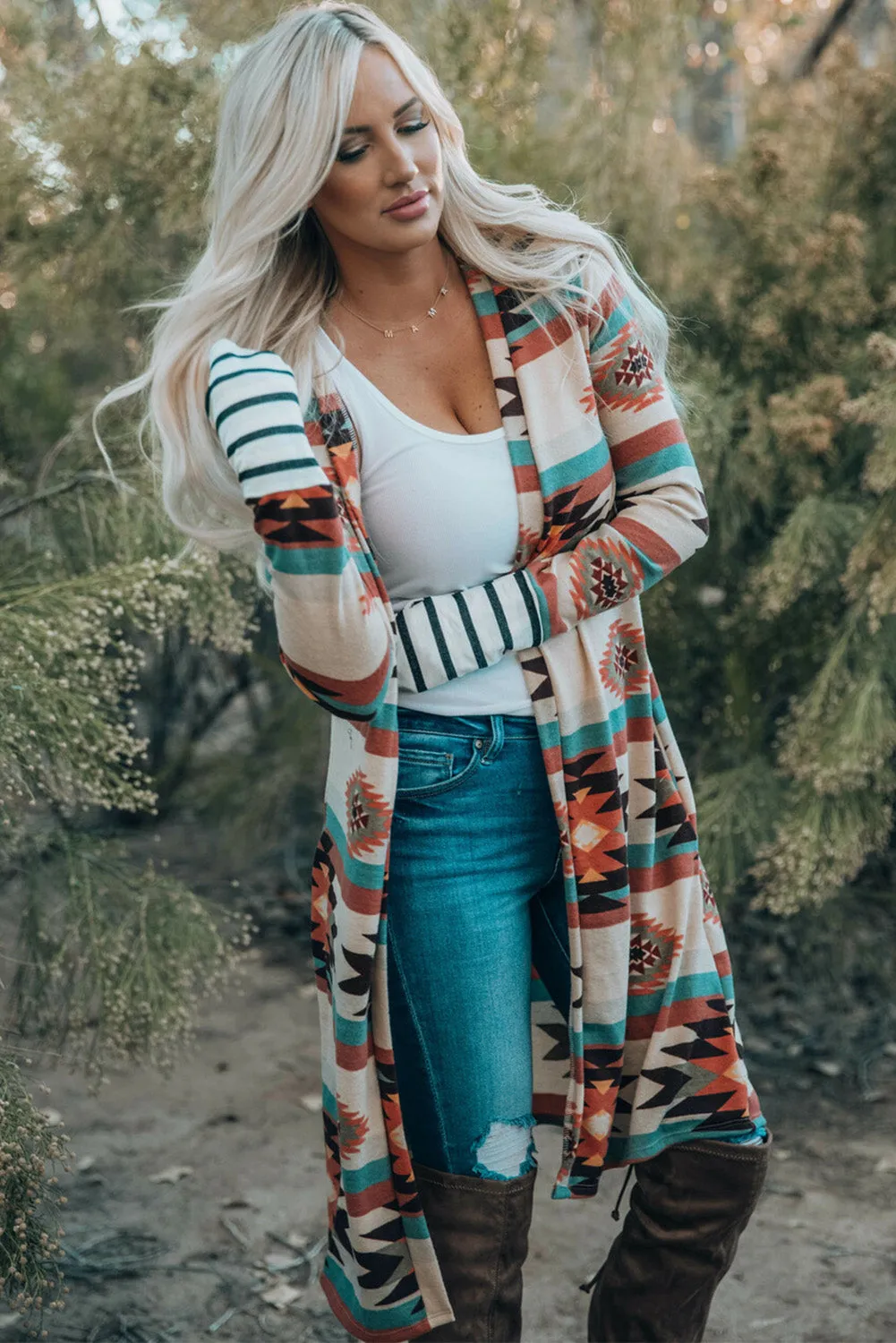 Women's Geometric Color Block Open Front Long Cardigan