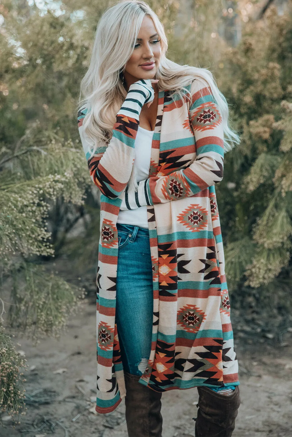 Women's Geometric Color Block Open Front Long Cardigan