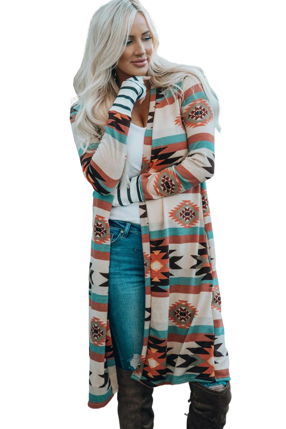 Women's Geometric Color Block Open Front Long Cardigan