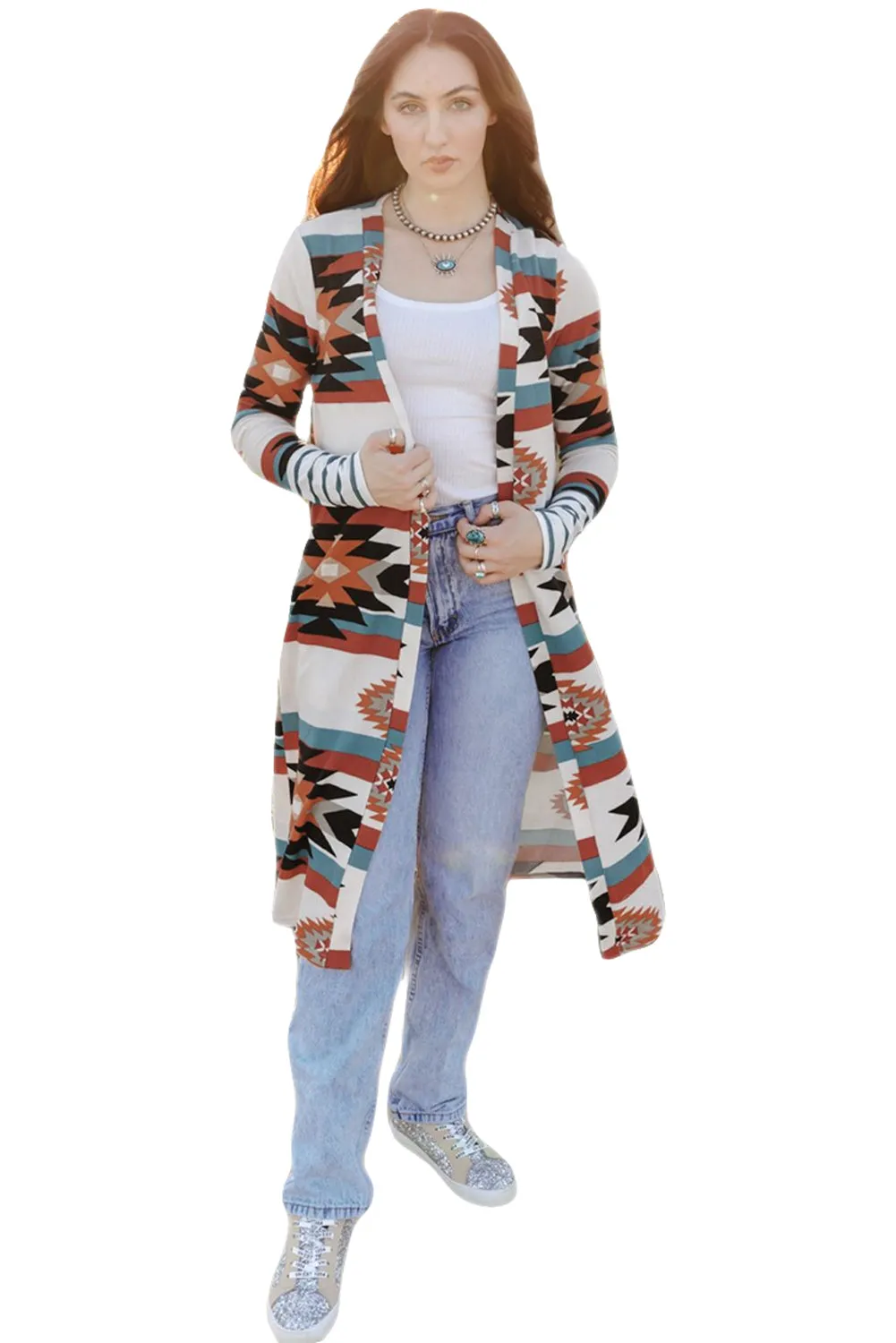 Women's Geometric Color Block Open Front Long Cardigan