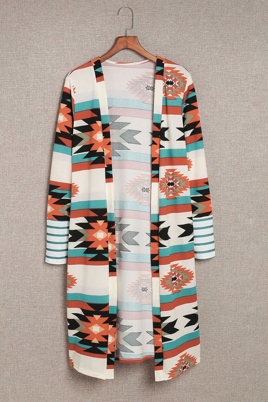 Women's Geometric Color Block Open Front Long Cardigan