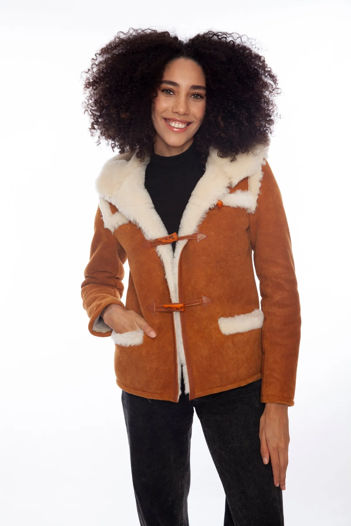 Women's Hoody Shearling Jacket, Washed Tan with White Wool