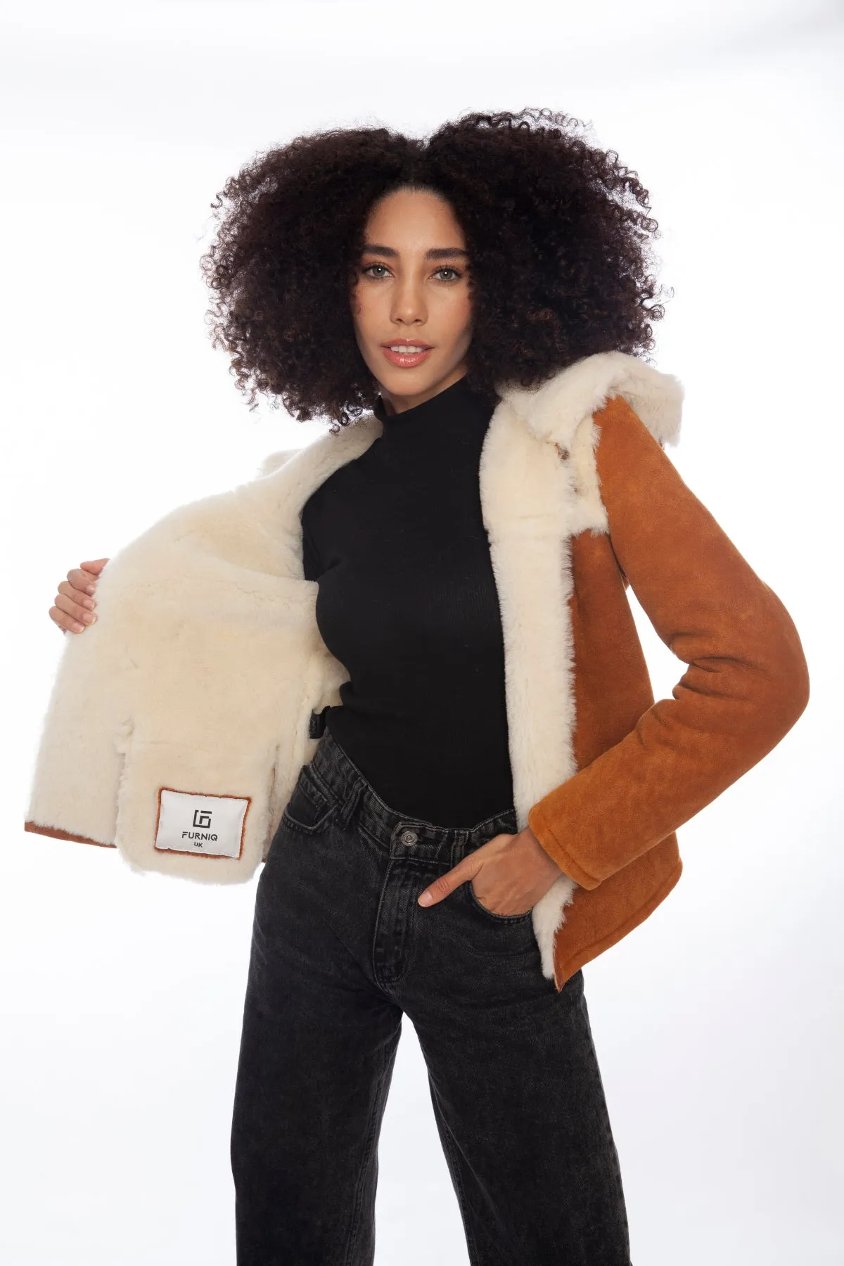 Women's Hoody Shearling Jacket, Washed Tan with White Wool