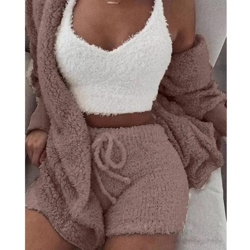 Women's Winter Plush Fluff Sleepwear Casual 3 Piece Sets Pajamas Set Long Sleeve Coat V-neck Vest Shorts Pants Suit