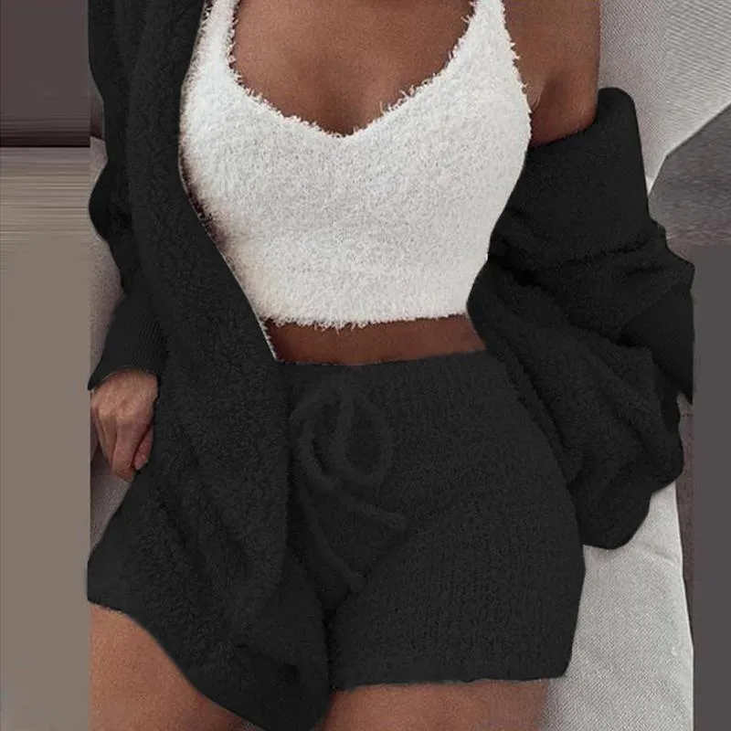 Women's Winter Plush Fluff Sleepwear Casual 3 Piece Sets Pajamas Set Long Sleeve Coat V-neck Vest Shorts Pants Suit