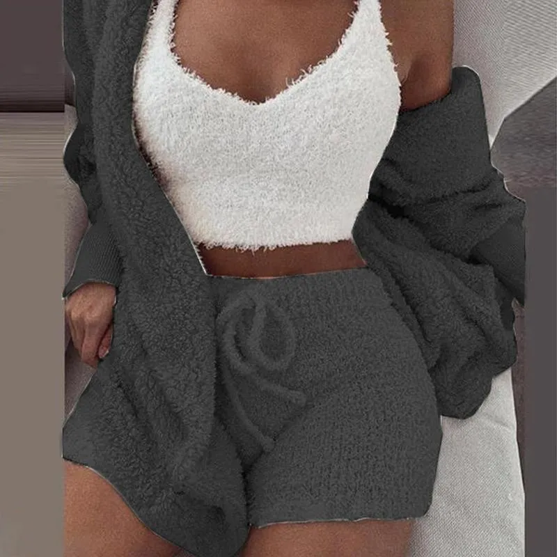 Women's Winter Plush Fluff Sleepwear Casual 3 Piece Sets Pajamas Set Long Sleeve Coat V-neck Vest Shorts Pants Suit