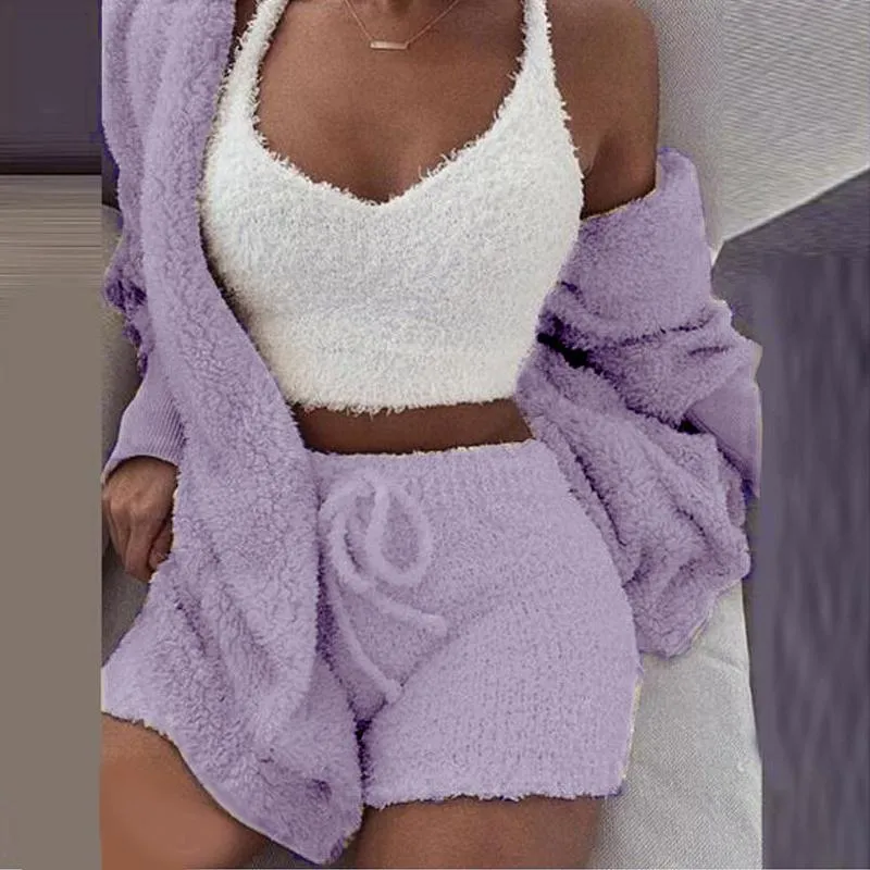 Women's Winter Plush Fluff Sleepwear Casual 3 Piece Sets Pajamas Set Long Sleeve Coat V-neck Vest Shorts Pants Suit