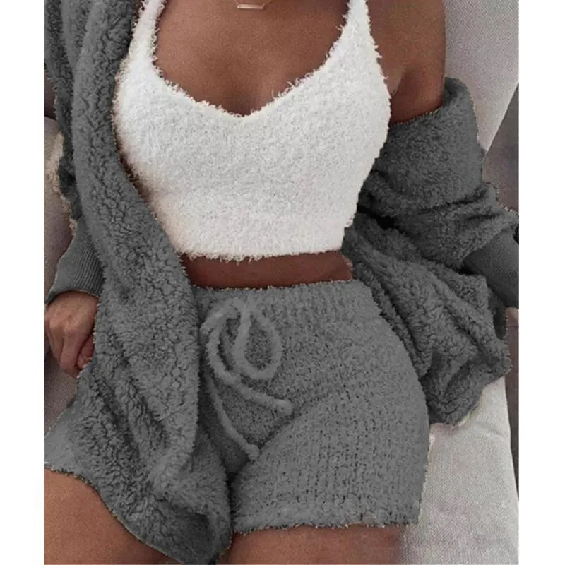 Women's Winter Plush Fluff Sleepwear Casual 3 Piece Sets Pajamas Set Long Sleeve Coat V-neck Vest Shorts Pants Suit