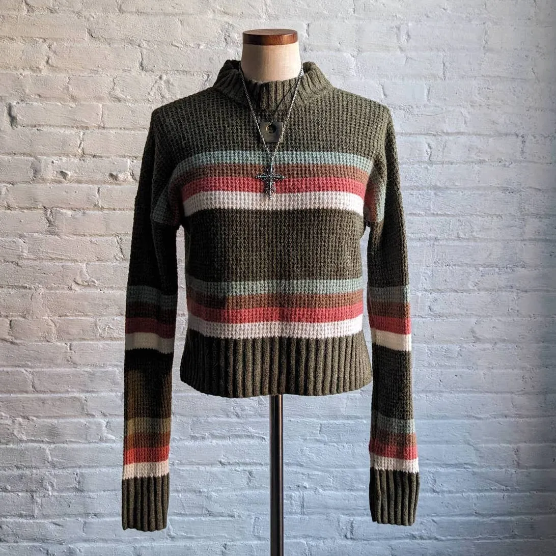 Y2K Minimalist Striped Knit Grunge Sweater Dark Forest Woodsy Earthtone Top