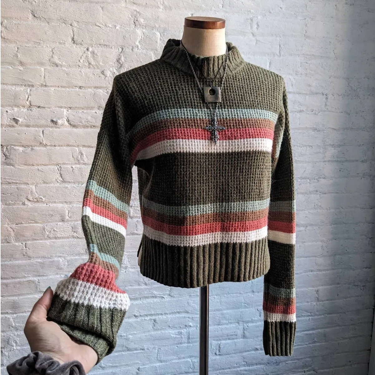 Y2K Minimalist Striped Knit Grunge Sweater Dark Forest Woodsy Earthtone Top